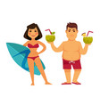 woman with surfing board and man holding cocktails vector image vector image