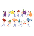 tiny people hold big food fruit vegetables giant vector image