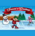 kids ice skating with snowman vector image