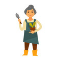 elderly woman in apron with plant and trowel vector image