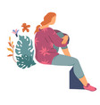 woman with topical flowers and monstera leaves vector image