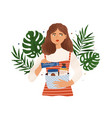 portrait woman holding basket with organic vector image